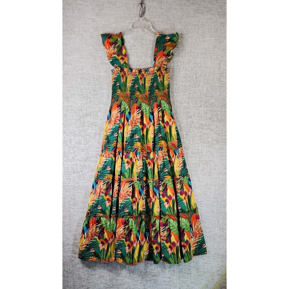 OPT Calypso Tropical Sundress Womens L Bold Floral Smocked Ruffle Tiered NWOT